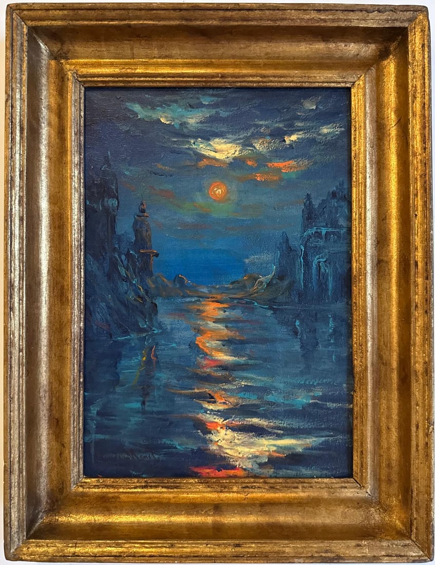 Claude Monet French 1840 - 1926 Oil on Canvas In the Style of. Renoir & Manet Impressionist Era.: Title: Untitle Technique: Oil on canvas Dimensions: 14 x 11 inches Date: Undated Provenance: Private collection Condition: Good Visual Description:This atmospheric seascape depicts a moonlit scene clo