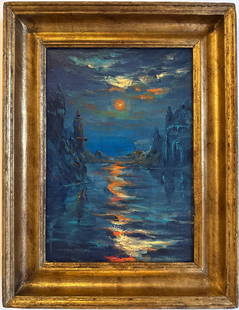 Claude Monet French 1840 - 1926 Oil on Canvas In the Style of. Renoir & Manet Impressionist Era.: Title: Untitle Technique: Oil on canvas Dimensions: 14 x 11 inches Date: Undated Provenance: Private collection Condition: Good Visual Description:This atmospheric seascape depicts a moonlit scene clo