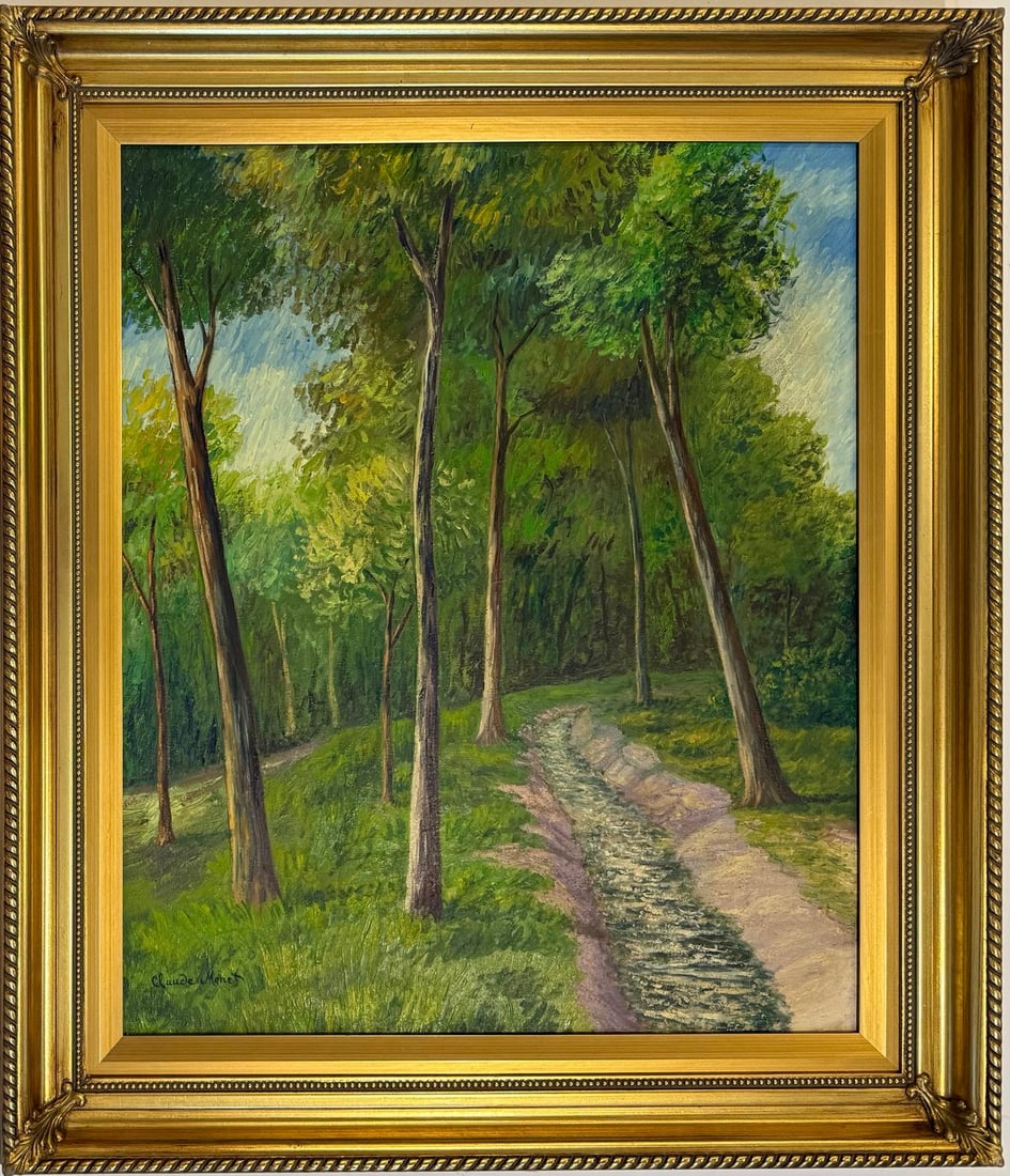 Claude Monet French 1840 - 1926 Oil on Canvas In the Style of. Renoir & Manet Impressionist Era.: Title: Untitled Technique: Oil on canvas Dimensions: 24 x 20 inches Date: Undated Provenance: Private collection Condition: Good Visual Description:This serene landscape presents a quiet forest scene