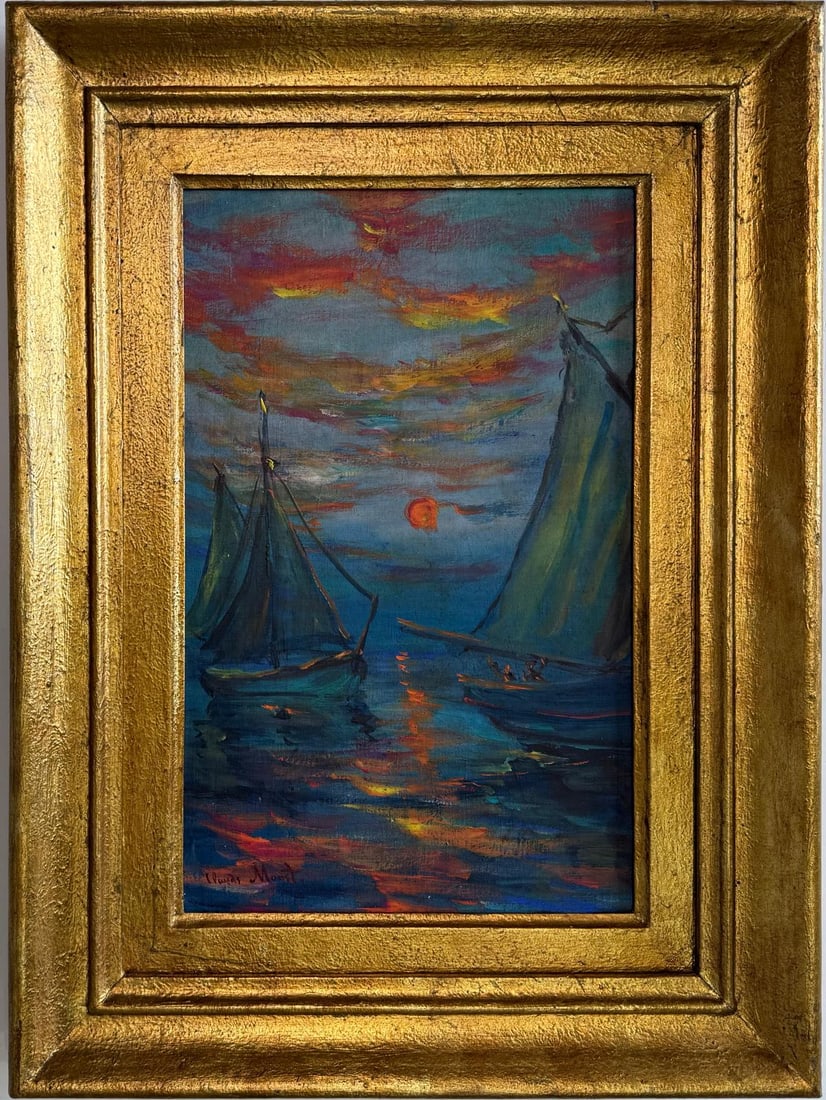 Claude Monet French 1840 - 1926 Oil on Canvas In the Style of. Renoir & Manet Impressionist Era.: Title: Untitled Technique: Oil on canvas Dimensions: 16 x 10 inches Date: Undated Provenance: Private collection Condition: Good Visual Description:This evocative marine scene depicts two sailboats dr