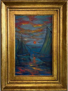 Claude Monet French 1840 - 1926 Oil on Canvas In the Style of. Renoir & Manet Impressionist Era.: Title: Untitled Technique: Oil on canvas Dimensions: 16 x 10 inches Date: Undated Provenance: Private collection Condition: Good Visual Description:This evocative marine scene depicts two sailboats dr