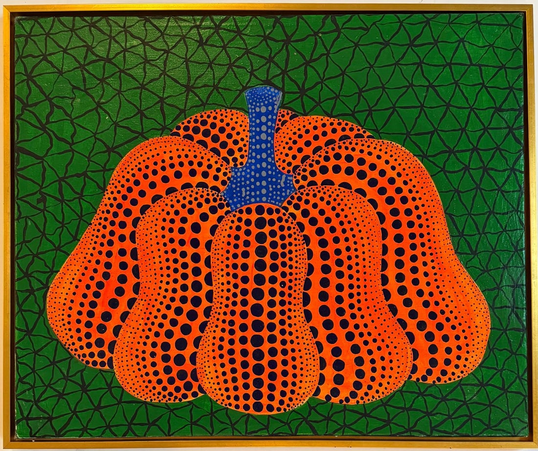 Yayoi Kusama (B.1929), In the Style of. Andy Warhol and Haring Pop Art Era. Oil on Canvas: Title: Pumpkin Technique: Oil on canvas Dimensions: 24 x 29 inches Date: 1983 Provenance: Private collection Condition: Good Visual Description:This striking composition centers on a bulbous, stylized