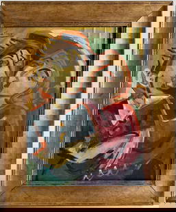 Pablo Picasso Spanish Oil on Canvas painting in the style of. Dali, Chagall & Picasso Erao: Title: Untitled Technique: Oil on canvas Dimensions: 20 x 15 inches Date: Undated Provenance: Private collection Condition: Good Visual Description:This emotionally vibrant composition features two st