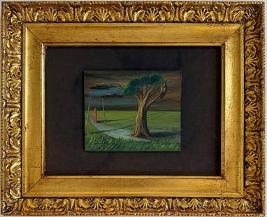 Gertrude Abercrombie American 1907-1977 Oil on Masonite Painting In the Style of.Picasso, Dali Era.: Title: Untitled Technique: Oil on canvas Dimensions: 7 x 9 inches Date: Undated Provenance: Private collection Condition: Good Visual Description:This intimate and surreal landscape centers around a s