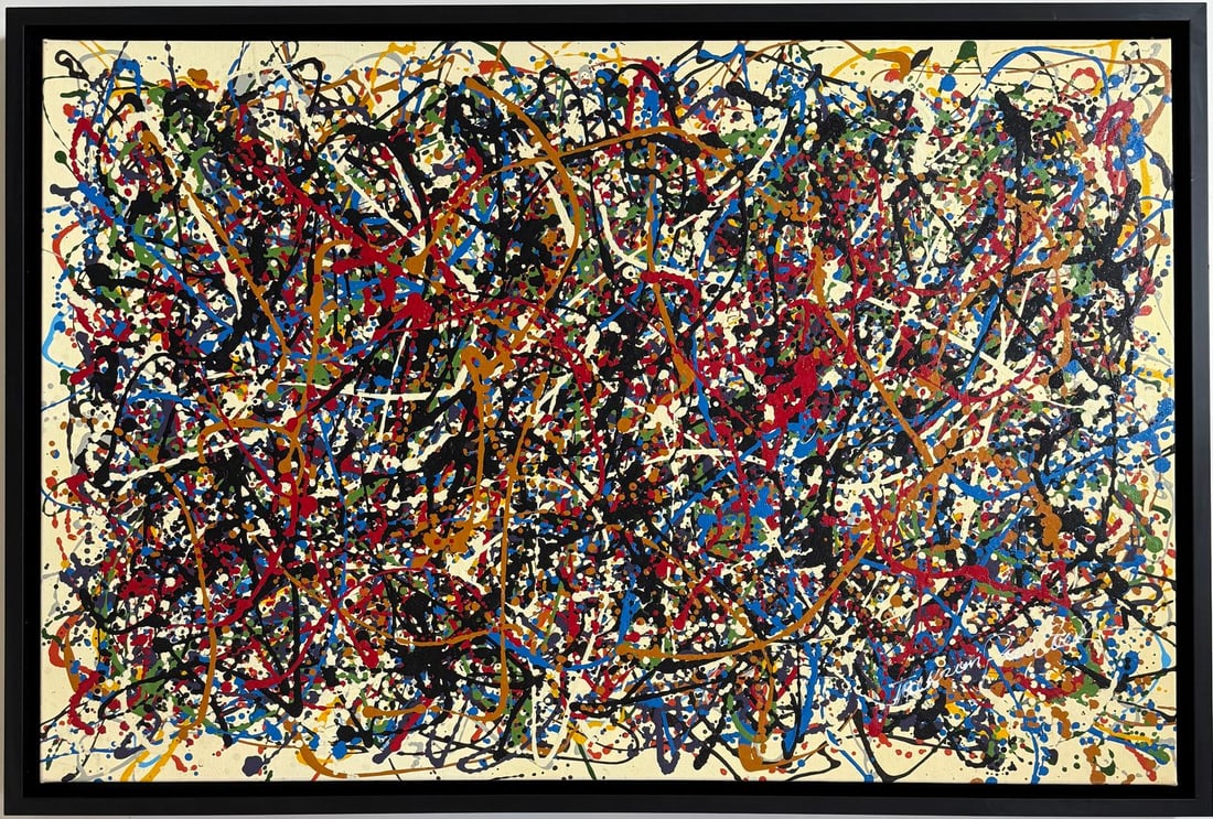 Jackson Pollock American Oil on canvas Painting In The Style of. Rothko, Kline, & Pollock Era: Title: Untitled Technique: Oil on canvas Dimensions: 25 x 39 inches Date: Undated Provenance: Private collection Condition: Good Visual Description:This vibrant abstract painting is a dynamic tapestry