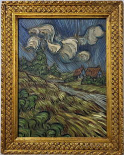 Vincent Van Gogh Dutch 1853-1890 Oil on Canvas painting. Gaugin & Van Gogh Impressionist Period.: Title: Landscape Technique: Oil on canvas Dimensions: 19 x 15 in. Date: Undated Provenance: Private collection Condition: Good Visual Description:This vibrant landscape painting captures a dynamic rur