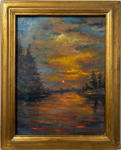 Claude Monet French 1840 - 1926 Oil on Canvas In the Style of. Renoir & Manet Impressionist Era.: Title: Untitled Technique: Oil on canvas Dimensions: 14 x 12 in. Date: Undated Provenance: Private collection Condition: Good Visual Description:This atmospheric oil painting captures a tranquil sunse