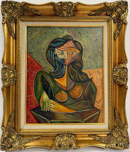 Pablo Picasso Spanish Oil on Canvas Dali, Chagall & Picasso Era: Title: Untitled Technique: Oil on canvas Date: Undated Measures: 20 x 16 in. Provenance: Private collection Condition: Good Visual Description:This oil on canvas composition presents a striking abstra