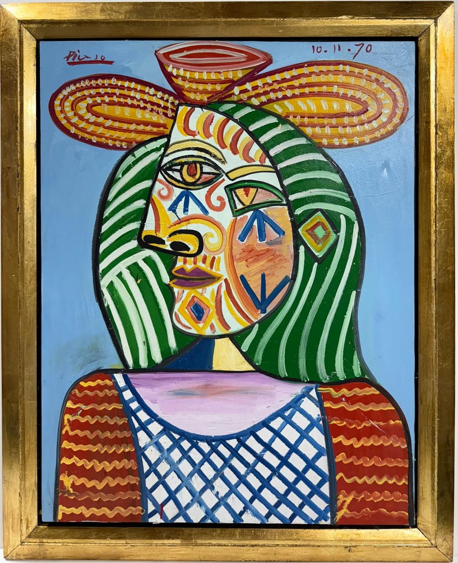Pablo Picasso Spanish Oil on Canvas painting in the style of. Dali, Chagall & Picasso Erao: Title: Untitled Technique: Oil on canvas Date: 1970 Measures: 35 x 27 in. Provenance: Private collection Condition: Good Visual Description:This striking composition features a stylized female bust, p