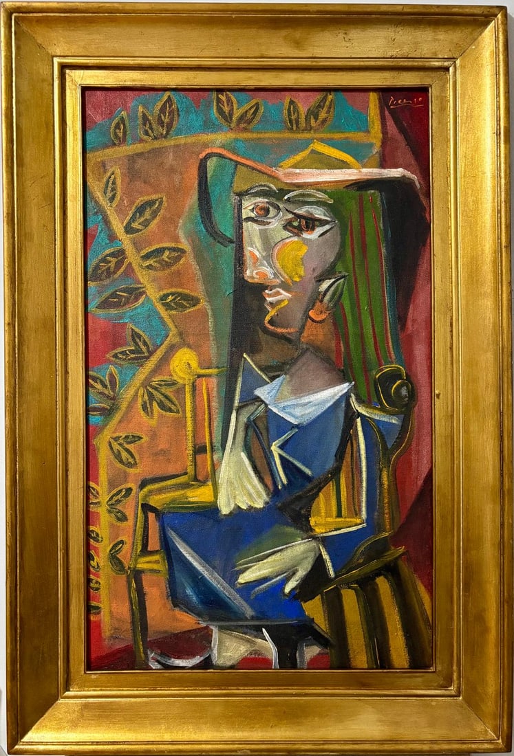 Pablo Picasso Spanish Oil on Canvas painting in the style of. Dali, Chagall & Picasso Erao: Title: Untitle Technique: Oil on canvas Measures: 35 x 24 inches Year: Undated Condition: Good Provenance: Private collection Visual Description:This oil on canvas composition presents a striking seat