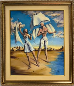 Salvador Dali Spanish 1904 - 1989 Oil on Canvas Painting in the style of. Magritte & Dali Surrealism
