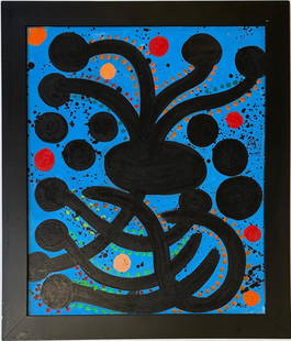 Joan Miro Spanish 1893 - 1983 Oil on Canvas in the style of. Dali, Magritte, & Miro Surrealism Era.: Title: LE SOLEIL A BARCELONE Technique: Oil on canvas Dimensions: 24 x 20 inches Date: 1939 Provenance: Private collection Condition: Good Visual Description:This vibrant oil on canvas composition