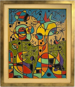 Joan Miro Spanish 1893 - 1983 Oil on Canvas in the style of. Dali, Magritte, & Miro Surrealism Era.