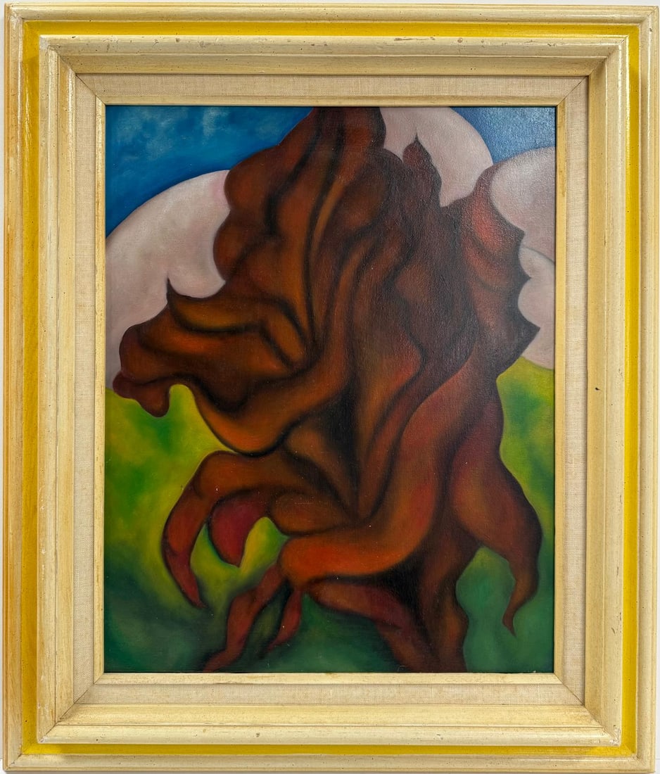 Georgia O'Keeffe American 1887 - 1986 Oil On Canvas Painting in the style of. Abstract-Expressionist: Title: Untitled Technique: Oil on canvas Date: Undated Measures: 20 x 16 in. Provenance: Private collection Condition: Good Visual Description:This expressive oil painting features a large, undulating