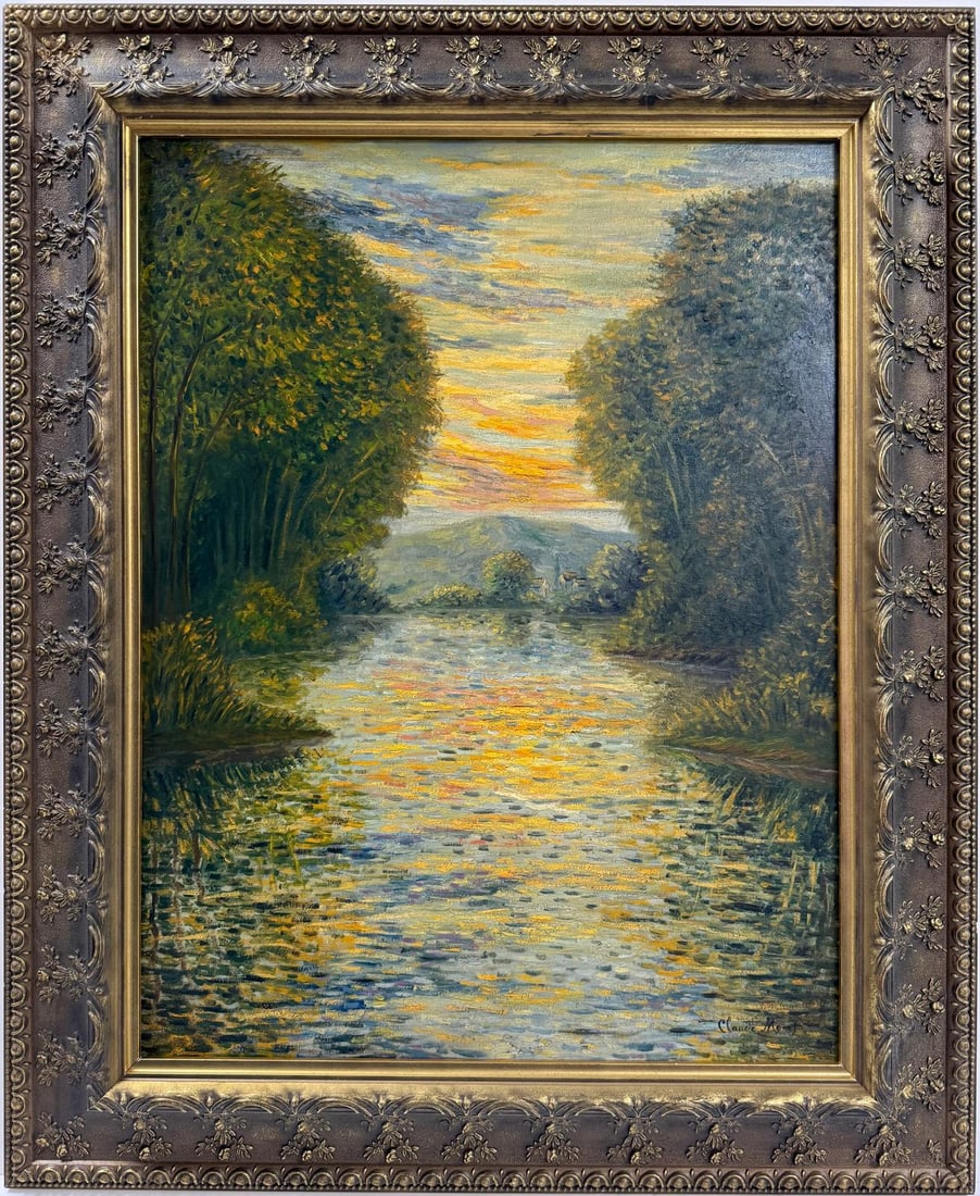 Claude Monet French 1840 - 1926 Oil on canvas. Renoir, Manet, Impressionist Era.: Title: Untitled Technique: Oil on canvas Date: Undated Measures: 26 x 20 in. Provenance: Private collection Condition: Good Visual Description:This tranquil landscape captures the serene beauty of a r