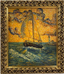 Vincent Van Gogh Dutch 1853-1890 Oil on Canvas painting. Gaugin & Van Gogh Impressionist Period.: Title: Untitled Technique: Oil on canvas Date: Undated Measures: 24 x 20 in. Provenance: Private collection Condition: Good Visual Description:This vibrant seascape captures a small sailboat cutting t