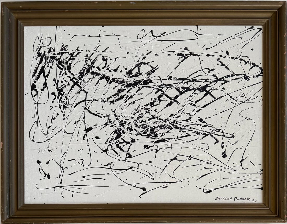 Jackson Pollock American Oil on Canvas Painting In The Style of. Rothko, Kline, & Pollock Era: Title: Untitled Technique: Oil on canvas Date: Undated Measures: 18 x 24 in. Provenance: Private collection Condition: Good Visual Description:This abstract oil painting is a striking composition of e