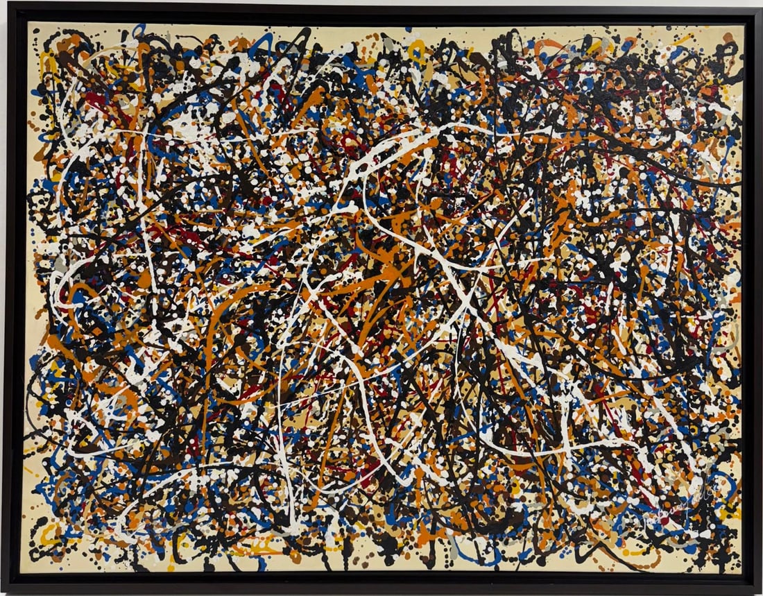 Jackson Pollock American Oil on Canvas Painting In The Style of. Rothko, Kline, & Pollock Era: Title: Untitled Technique: Oil on canvas Date: Undated Measures: 26 x 34 in. Provenance: Private collection Condition: Good Visual Description:This abstract oil painting features a dense web of energe