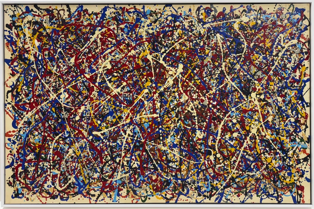 Jackson Pollock American Oil on Canvas Painting In The Style of. Rothko, Kline, & Pollock Era: Title: Untitled Technique: Oil on canvas Date: Undated Measures: 26 x 40 in. Provenance: Private collection Condition: Good Visual Description:This abstract expressionist oil painting bursts with vibr