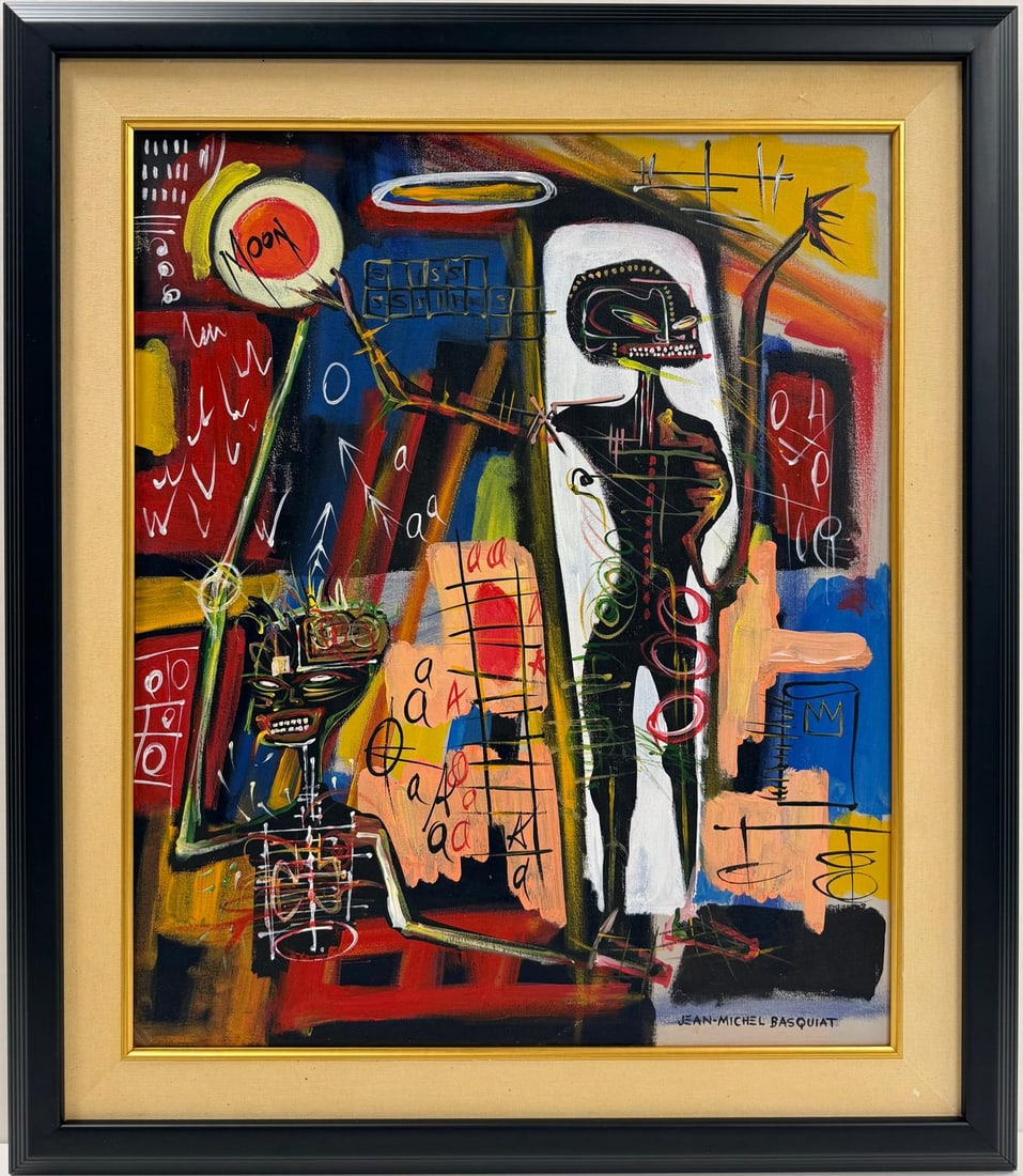 Jean Michel Basquiat Abstract In The Style of. Neo Expressionism & Modern Era Mixed Media/Canvas.: Title: Untitled Technique: Mixed media on canvas Date: Undated Measures: 24 x 20 in. Provenance: Private collection Condition: Good Visual Description:This dynamic mixed media painting presents a powe