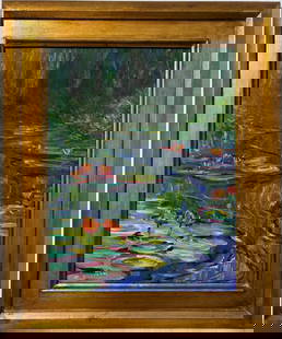 Claude Monet French 1840 - 1926 Oil on Canvas In the Style of. Renoir & Manet Impressionist Era.: Title: Untitle Technique: Oil on canvas Measures: 22 x 18 inches Year: Undated Condition: Good Provenance: Private collection Visual Description:This oil on canvas presents a serene water garden, rich