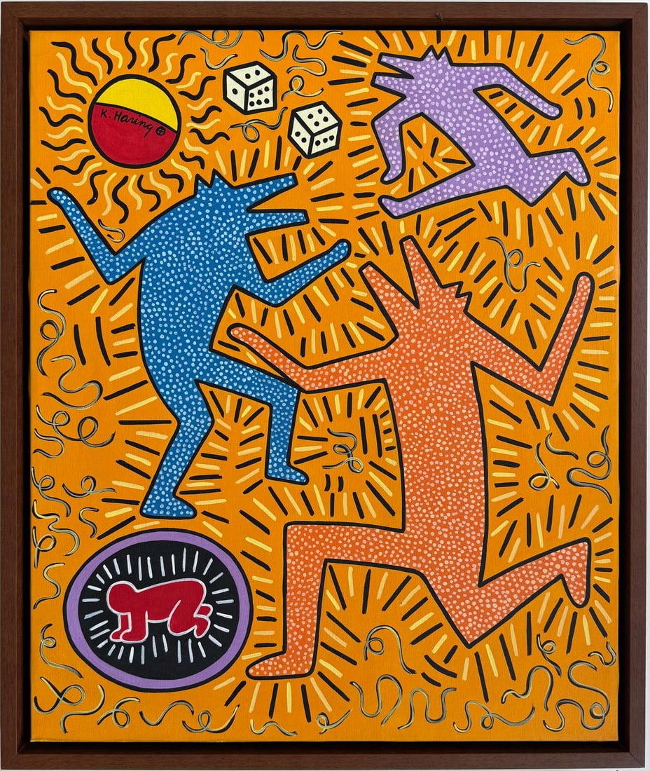 Keith Haring American 1958 - 1990 Felt Pen on Paper In The Style of. Warhol and Haring Pop Art Era.: Title: Untitle Technique: Acrylic on canvas Measures: 24 x 20 inches Year: Undated Condition: Good Provenance: Private collection Visual Description:This acrylic on canvas bursts with dynamic energy, 