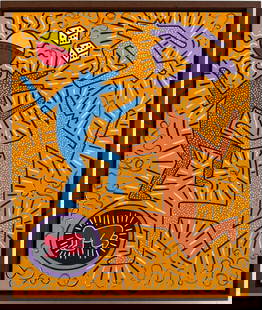 Keith Haring American 1958 - 1990 Felt Pen on Paper In The Style of. Warhol and Haring Pop Art Era.: Title: Untitle Technique: Acrylic on canvas Measures: 24 x 20 inches Year: Undated Condition: Good Provenance: Private collection Visual Description:This acrylic on canvas bursts with dynamic energy,