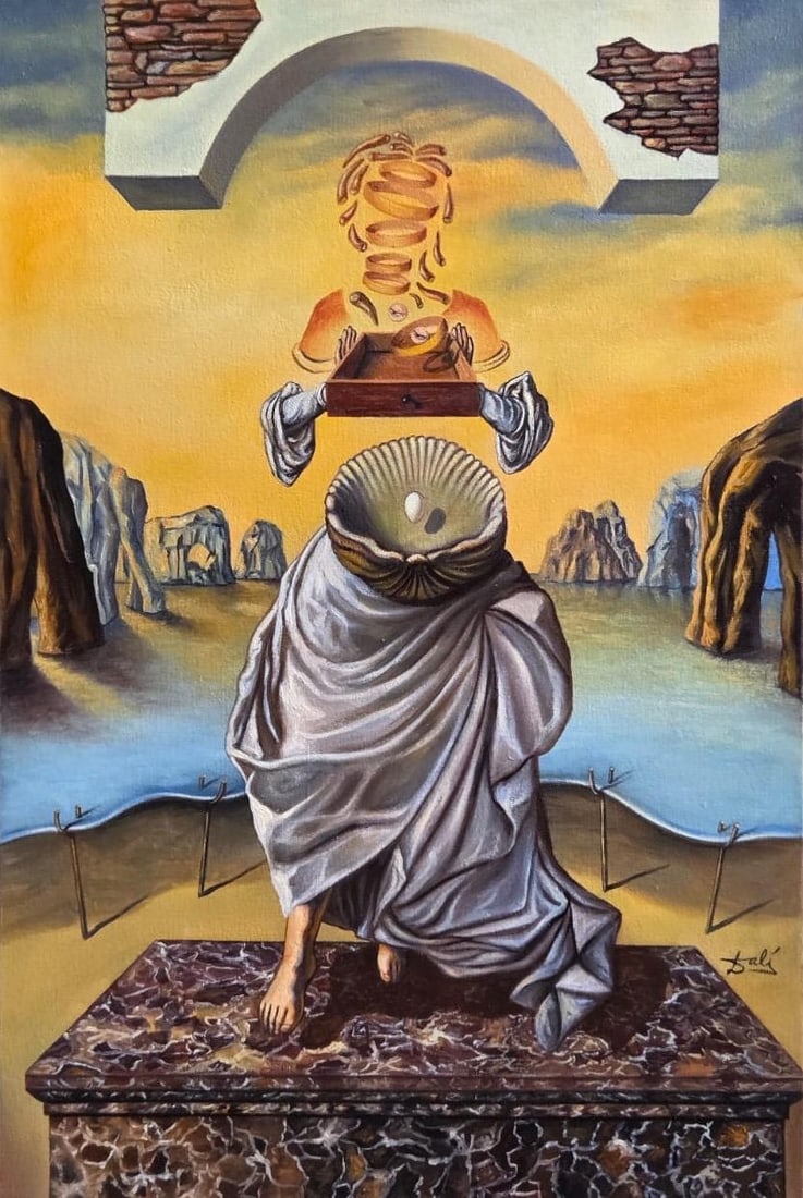 Salvador Dali Spanish 1904 - 1989 Oil on Canvas Painting in the style of. Magritte,Picasso Era.: Item DetailsDescription Title: Untitled Technique: Oil on canvas Dimensions: 23 x 15 inches Date: Undated Provenance: Private collection Condition: Good Visual Description:Set in a fantastical landsca