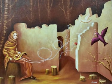 Remedios Varo Spanish-Mexican Oil on Canvas In the Style of. Carrington and Varo Surrealist Period.