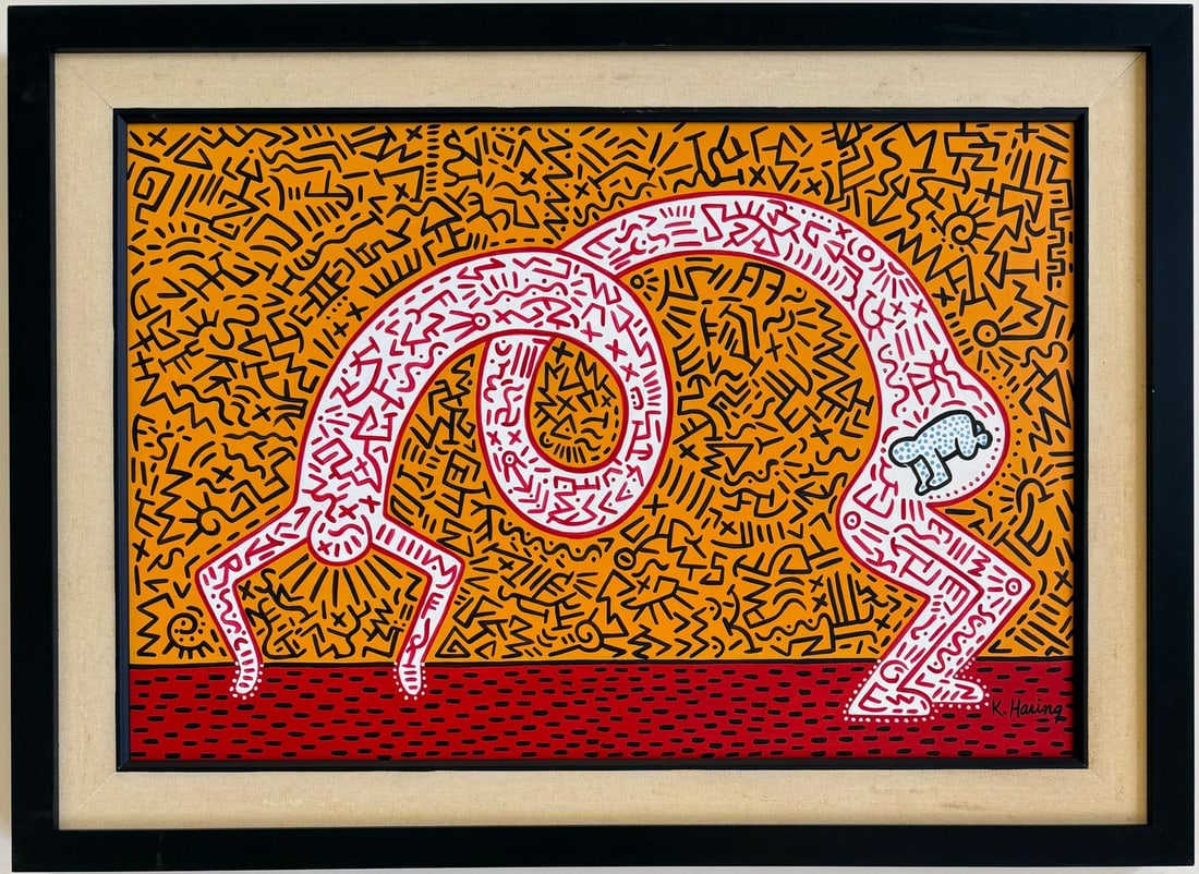 Keith Haring American 1958 - 1990 Acrylic/Canvas In The Style of. Warhol & Haring Pop Art Period.: Item DetailsDescription Title: Untitled Technique: Oil on canvas Dimensions: 16 x 24 in. Date: Undated Provenance: Private collection Condition: Good Visual Description:This vivid and dynamic painting