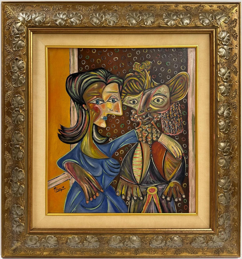 Pablo Picasso Spanish Oil on Canvas In The Style Of. Dali, Magritte, Chagall & Picasso Era: Title: Untitle Technique: Oil on canvas Measures: 20 x 18 inches Year: 1936 Condition: Good Provenance: Private collection Visual Description:This dynamic oil on canvas composition captures an intimat