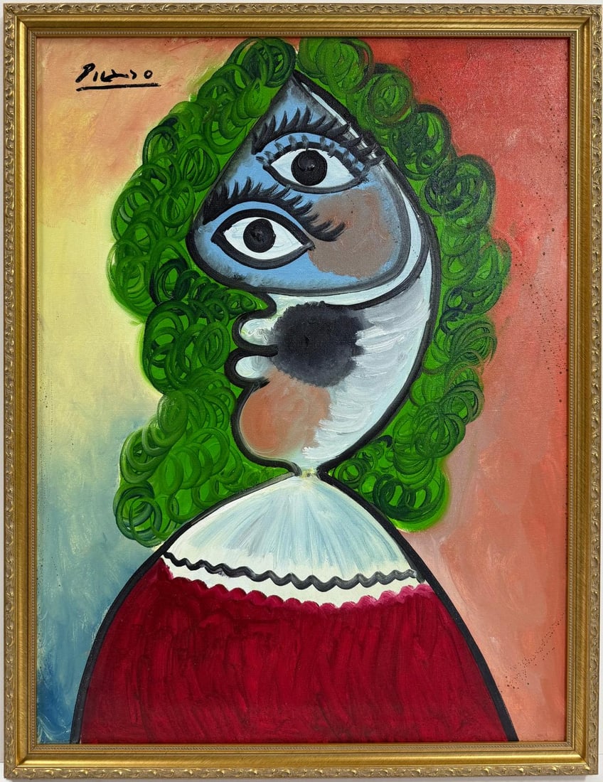 Pablo Picasso Spanish Oil on Canvas In The Style Of. Dali, Magritte, Chagall & Picasso Era: Title: Musketeer Technique: Oil on canvas Measures: 29 x 22 inches Year: 1939 Condition: Good Provenance: Private collection Visual Description:This oil on canvas composition features a boldly stylize