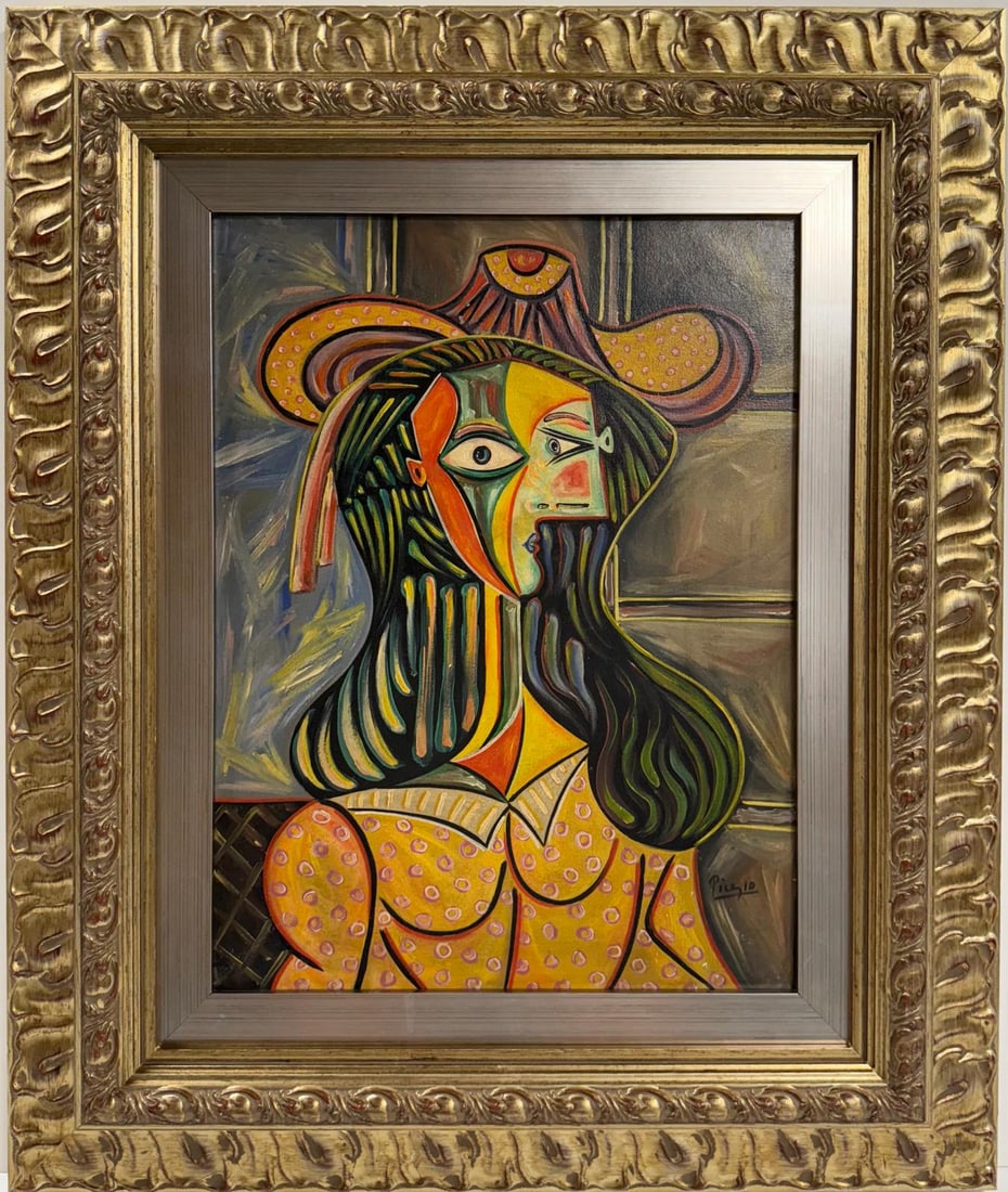 Pablo Picasso Spanish Oil on Canvas In The Style Of. Dali, Magritte, Chagall & Picasso Era: Title: Musketeer Technique: Oil on canvas Measures: 20 x 15 inches Year: 1937 Condition: Good Provenance: Private collection Visual Description:This oil on canvas composition features a striking Cubis