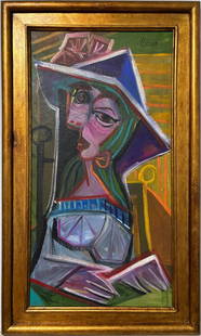 Pablo Picasso Spanish Oil on Canvas In The Style Of. Dali, Magritte, Chagall & Picasso Era: Title: UntitledTechnique: Oil on canvasMeasures: 30 x 18 inchesYear: UndatedCondition: GoodProvenance: Private collectionVisual Description:This oil on canvas features a striking female figure execute