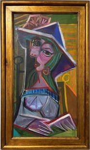 Pablo Picasso Spanish Oil on Canvas In The Style Of. Dali, Magritte, Chagall & Picasso Era: Title: UntitledTechnique: Oil on canvasMeasures: 30 x 18 inchesYear: UndatedCondition: GoodProvenance: Private collectionVisual Description:This oil on canvas features a striking female figure execute