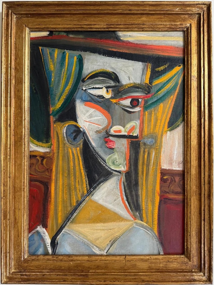 Pablo Picasso Spanish Oil on Canvas In The Style Of. Dali, Magritte, Chagall & Picasso Era: Technique: Oil on canvas Dimensions: 20 x 16 inches Date: Undated Provenance: Private collection Condition: Good Visual Description:This striking oil painting depicts a stylized portrait of a woman re