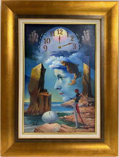 Salvador Dali Spanish 1904 - 1989 Oil on Canvas Painting in the style of. Magritte & Dali Surrealism: Title: Untitle Technique: Oil on canvas Measures: 24 x 15 in Year: Undated Condition: Good Provenance: Private collection Visual Description:This surrealist oil on canvas invites the viewer into a dre