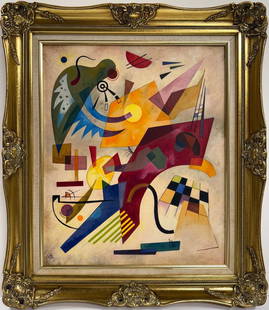 Wassily Kandinsky Oil on Canvas Painting in the style of. Malevich & Kandinsky Abstraction Period: Title: Untitle Technique: Oil on canvas Measures: 24 x 20 in Year: Undated Condition: Good Provenance: Private collection Visual Description:This abstract oil on canvas radiates a vibrant, rhythmic en