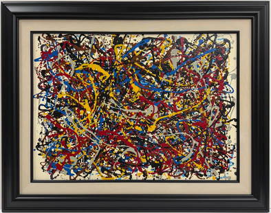 Jackson Pollock American Oil on Canvas Painting In The Style of. Rothko, Kline, & Pollock Era: Title: Untitled Technique: Oil on canvas Measures: 19 x 26 in Year: Undated Condition: Good Provenance: Private collection Visual Description: This energetic oil on canvas composition is a vivid examp