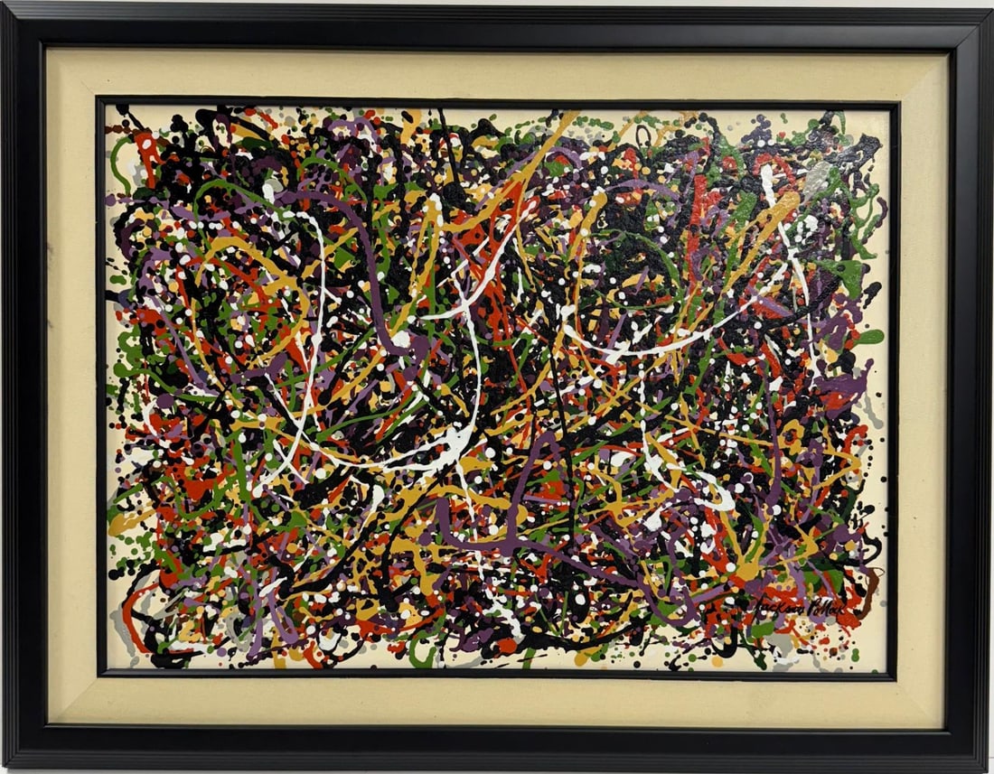 Jackson Pollock American Oil on Canvas Painting In The Style of. Rothko, Kline, & Pollock Era: Title: Untitled Technique: Oil on canvas Measures: 19 x 26 in Year: Undated Condition: Good Provenance: Private collection Visual Description: This vibrant abstract oil painting features an energetic