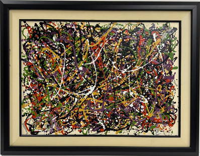 Jackson Pollock American Oil on Canvas Painting In The Style of. Rothko, Kline, & Pollock Era: Title: Untitled Technique: Oil on canvas Measures: 19 x 26 in Year: Undated Condition: Good Provenance: Private collection Visual Description: This vibrant abstract oil painting features an energetic