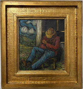 Vincent Van Gogh Dutch 1853-1890 Oil on Canvas painting in the style of. Gaugin, Monet, Degas Period: Title: Man in Rust Technique: Oil on canvas Measures: 16 x 15 in Year: Undated Condition: Good Provenance: Private collection Visual Description: This evocative oil painting portrays a solitary figure