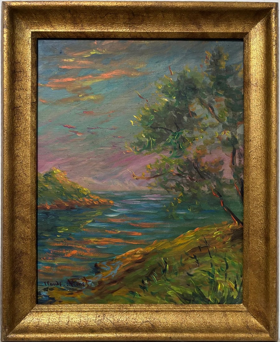 Claude Monet French 1840 - 1926 Oil on Canvas In the Style of. Renoir & Manet Impressionist Era.: Title: Untitled Technique: Oil on canvas Measures: 13 x 11 in Year: Undated Condition: Good Provenance: Private collection Visual Description: This tranquil oil painting presents a serene riverside or