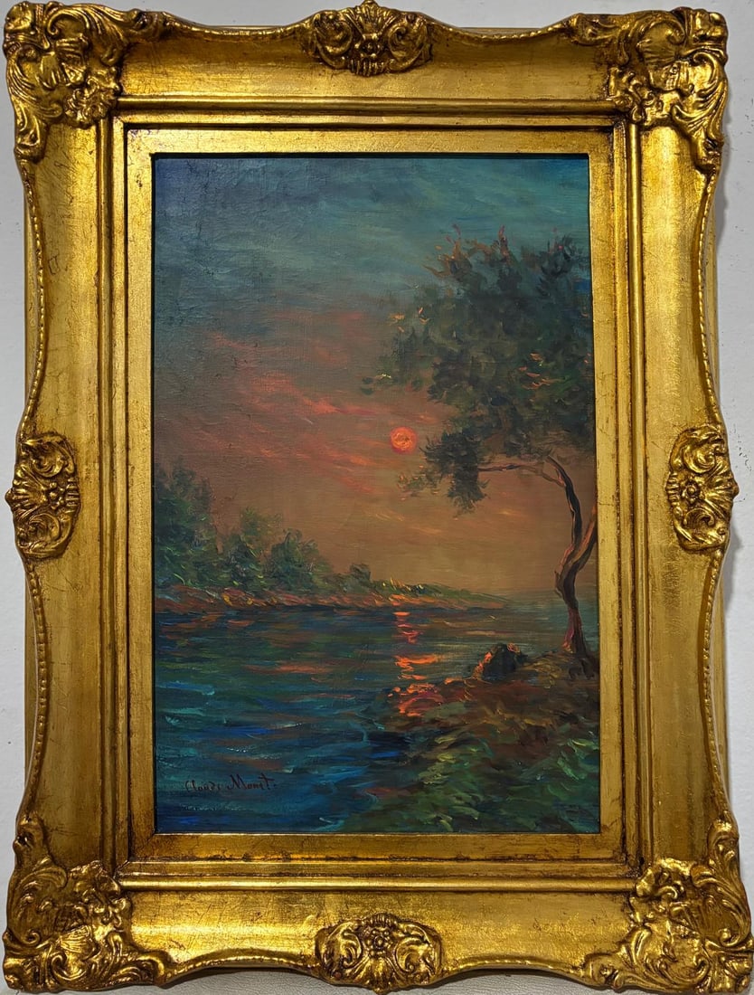 Claude Monet French 1840 - 1926 Oil on Canvas In the Style of. Renoir & Manet Impressionist Era.: Title: Untitled Technique: Oil on canvas Measures: 24 x 18 in Year: Undated Condition: Good Provenance: Private collection Visual Description: This luminous oil painting captures a tranquil riverside