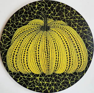 Yayoi Kusama (B.1929), In the Style of. Andy Warhol and Haring Pop Art Era. Oil on Canvas: Title: Untitled Technique: Oil on canvas Measures: 31 in (Round) Year: 2001 Condition: Good Provenance: Private collection Visual Description: This striking circular oil painting features a large, sty