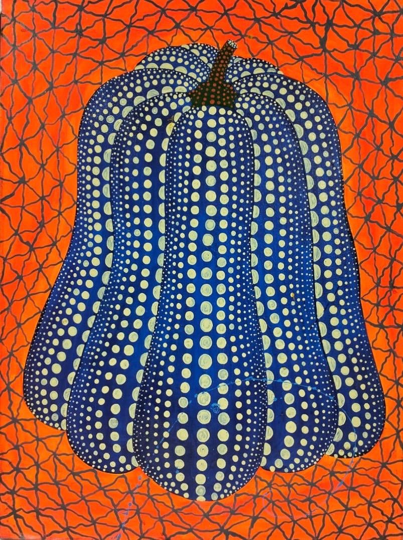 Yayoi Kusama (B.1929), In the Style of. Andy Warhol and Haring Pop Art Era. Oil on Canvas: Title: Pumpkin Technique: Oil on canvas Measures: 31 ½ x 23 ½ in Year: 2001 Condition: Good Provenance: Private collection Visual Description: This vibrant oil painting features a large,