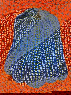 Yayoi Kusama (B.1929), In the Style of. Andy Warhol and Haring Pop Art Era. Oil on Canvas: Title: Pumpkin Technique: Oil on canvas Measures: 31 &frac12; x 23 &frac12; in Year: 2001 Condition: Good Provenance: Private collection Visual Description: This vibrant oil painting features a large,
