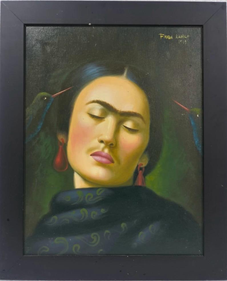 Frida Kahlo Mexican Oil on Canvas. In the Style of. Dali, Magritte, and Kahlo Surrealist Period.: Title: Self-Portrait Technique: Oil on canvas Measures: 19 ½ x 15 ½ in Year: 1939 Condition: Good Provenance: Private collection Visual Description: This intimate oil painting depicts a