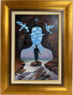 Rene Magritte Belgian 1898 - 1967 Oil on Canvas Painting in The Style of. Art Deco-Surrealist Era.: Title: Untitled Technique: Oil on canvas Measures: 23 x 16 in Year: Undated Condition: Good Provenance: Private collection Visual Description: This surreal oil painting presents a dreamlike coastal sc