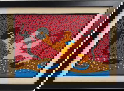 Keith Haring American 1958 - 1990 Acrylic/Canvas In The Style of. Warhol & Haring Pop Art Period.: Title: Untitled Technique: Acrylic on canvas Measures: 16 x 24 in Year: Undated Condition: Good Provenance: Private collection Visual Description: This energetic acrylic painting bursts with movement
